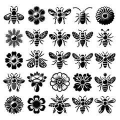 set of elements bee flower icon
