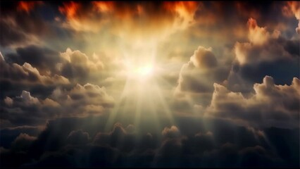 the powerful rays of the sun piercing through thick clouds, representing the sun as a symbol of hope and inspiration