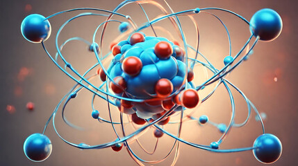 Atom's Building Blocks - Protons, Neutrons, electrons and Elementary Particles, A blue atom has a atom like atom in it, Atomic structure. glowing energy balls, nuclear reaction. - obrazy, fototapety, plakaty