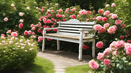 A Rustic Bench in the Fragrant Garden, Delicate spring tulips in calm setting with wooden bench for guests to rest, Comfortable deck with bench in cozy backyard surrounded by beautiful flowers