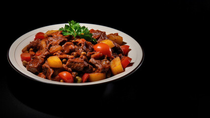Traditional hot ragout, goulash or stew with meat and vegetable on black background, copy space