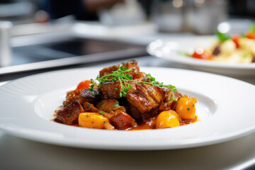 Classical ragout, goulash or stew with meat and vegetable served with greens in restaurant - obrazy, fototapety, plakaty
