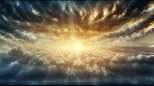 the powerful rays of the sun piercing through thick clouds, representing the sun as a symbol of hope and inspiration