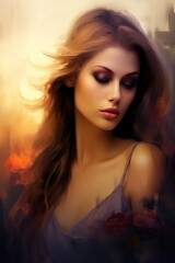 Digital illustration of a woman with long hair in a purple dress, standing against a sunset in the style of romantic love fantasy. Ideal for womens romance novel cover, poster, card