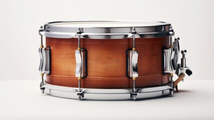 A wooden snare drum with metal hardware isolated on a white background, perfect for music-related projects. - obrazy, fototapety, plakaty