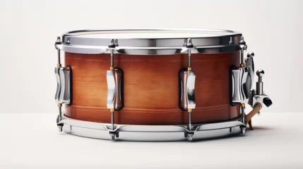 Deurstickers A wooden snare drum with metal hardware isolated on a white background, perfect for music-related projects. © Jafree