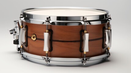Wooden snare drum with metal hardware isolated on a white background, perfect for music-related projects.