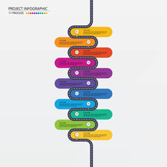 Road way infographic circle of 11 steps and business icons for finance process steps.