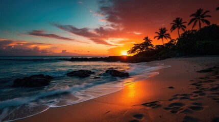 Fototapeta na wymiar Very bright and beautiful orange sunset on the sea. Vacation concept