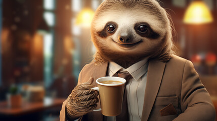 A sloth holding a cup of coffee.