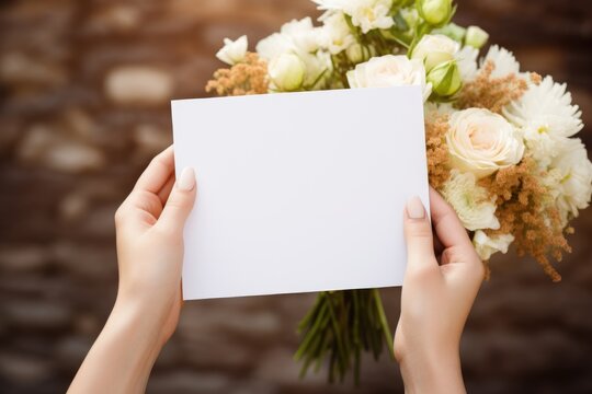 Hands holding empty card with a bouquet of flowers