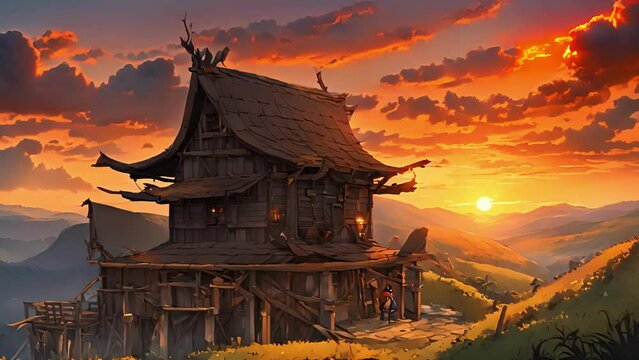 sets over rolling hills, loyal blacksmiths forge comes life, flames dancing twilight. blacksmith, face streaked with soot sweat, works tirelessly, creating swords shields 2d animation