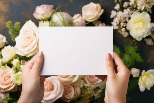 Hands holding blank card with flowers in background