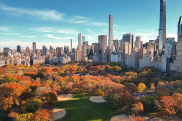 Autumn Fall. Autumnal Central Park view from drone. Aerial of NY City Manhattan Central Park...