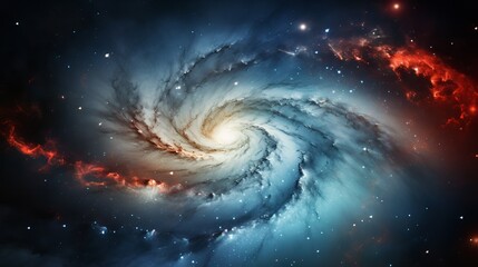 A closeup of a galaxy that is swirling and has visible stars and nebulae, which was created with