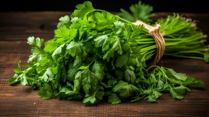 A wooden background with green parsley that is both dry and fresh.
