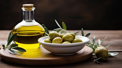 A wooden table is where you can find a bottle of olive oil and a plate of olives.