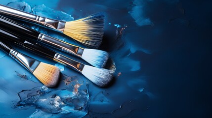 Blue is the color of the brushes and pain cans. - obrazy, fototapety, plakaty