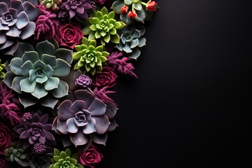 succulent frame on black background top view, beautiful floral template with copy space