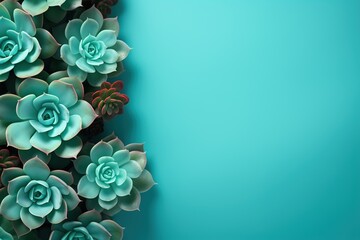 succulent frame on blue background top view, beautiful floral template with copy space