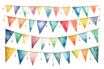 set of watercolor festive multicolored flags garlands on a white background