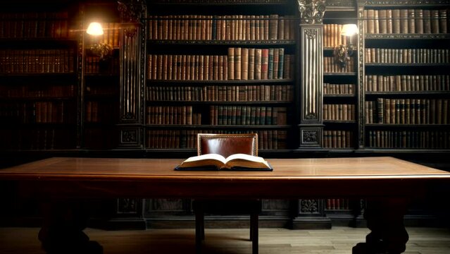 Library interior with book on table of library book background, place for search inspiration video looping background 