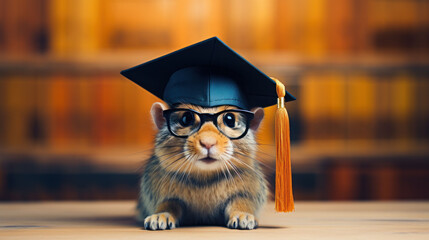 A chipmunk with glasses and a graduation cap stands in a library, representing the pursuit of knowledge.
