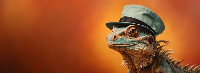 A relaxed iguana wearing a casual hat stares with a cool demeanor, set against an orange gradient background.
