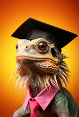 A contemplative lizard in a graduation cap radiates scholarly charm, against a vivid orange background.
