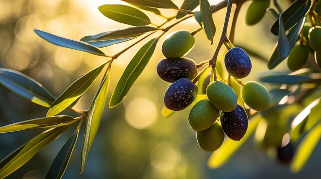 A high quality image of young olive fruit on an olive tree with discernible feet.