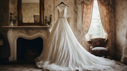 white wedding dress in bridal room background. Generative AI