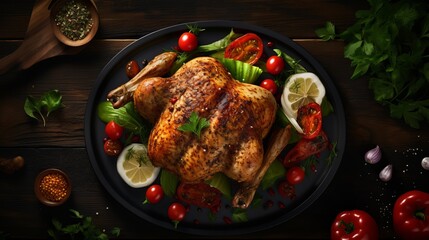 A plate containing whole roast chicken, fried green pea pods, fresh green onion, parsley, lime, tomato sauce, and whole grain mustard is laid out on a dark wooden table with enough space to
