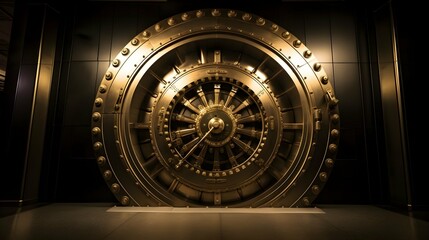  perspective shot of a circular bank vault door in a dimly lit room. Generative AI - obrazy, fototapety, plakaty