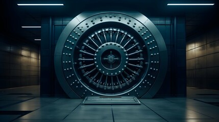  perspective shot of a circular bank vault door in a dimly lit room. Generative AI - obrazy, fototapety, plakaty