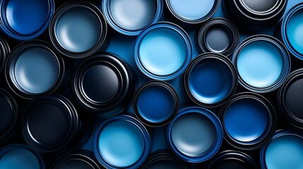 The arrangement of blue paint cans with a top view. - obrazy, fototapety, plakaty
