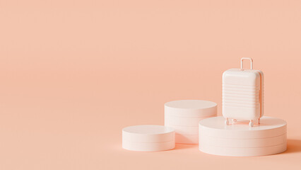 Peach colored luggage on podium or pedestal, 3d render, copy space