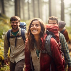 group of young happy people, backpacking in the nature. 