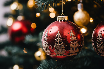 A red Christmas bauble with a snowy tree design, highlighted against a blurred background of festive lights on a tree.