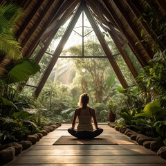 women doing yoga in the jungle house, meditating. - obrazy, fototapety, plakaty