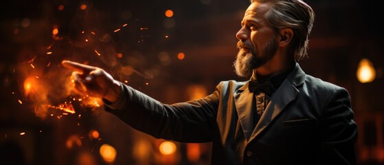 Bearded man in a bow tie casting sparks with a magical gesture, embodying a mystical and theatrical ambiance.