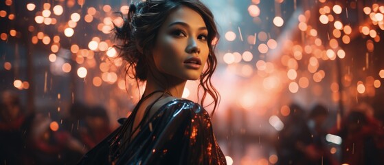 Glamorous Asian woman with sparkling dress against a bokeh light background, highlighting beauty and elegance in a festive atmosphere.
