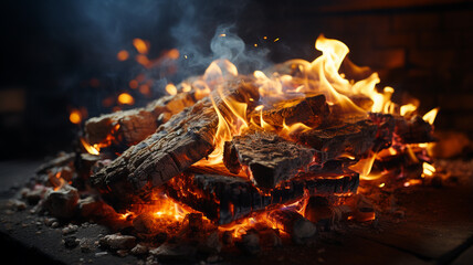 burning firewood on fireplace in the winter