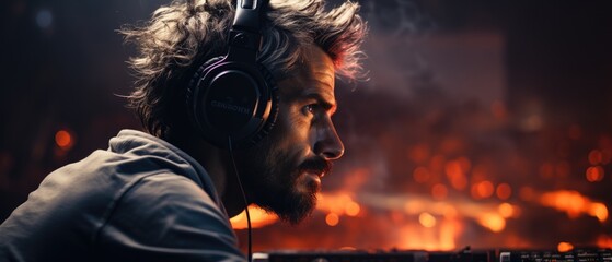 Intense DJ at work, dynamic club scene, passionate artist, nightlife energy, illuminated profile.