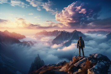 Man stays on top of mountain peak, enjoying wonderful view of sunset and sky. Winning, achiever idea 