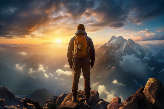 Man stays on top of mountain peak, enjoying wonderful view of sunset and sky. Winning, achiever idea 