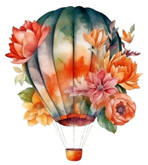 Watercolor illustration of a hot air balloon. Transparent background, png. Ai generated.
