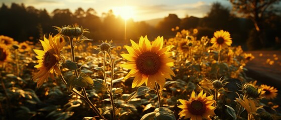 Golden sunflowers at sunset, vibrant petals against dusk light, field of sunflowers, warm summer evening glow
