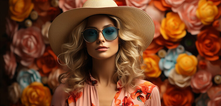 Fashion Woman With Hat And Flowers