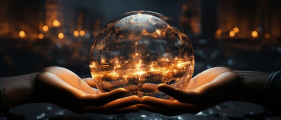 Hands cradling a glowing crystal ball with fiery reflections, mystical energy, fortune-telling, magic concept. - obrazy, fototapety, plakaty