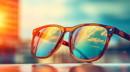 sunglasses on a sun blue background - obrazy, fototapety, plakaty